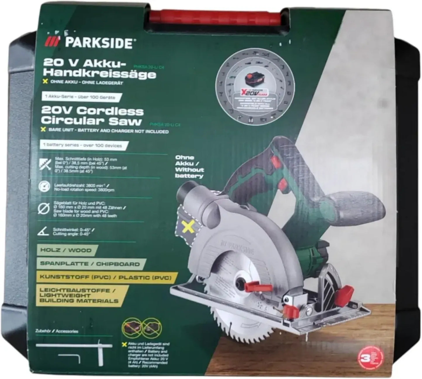 Scie Circulaire Sans Fil Parkside 20V - Sans Batterie ni Chargeur