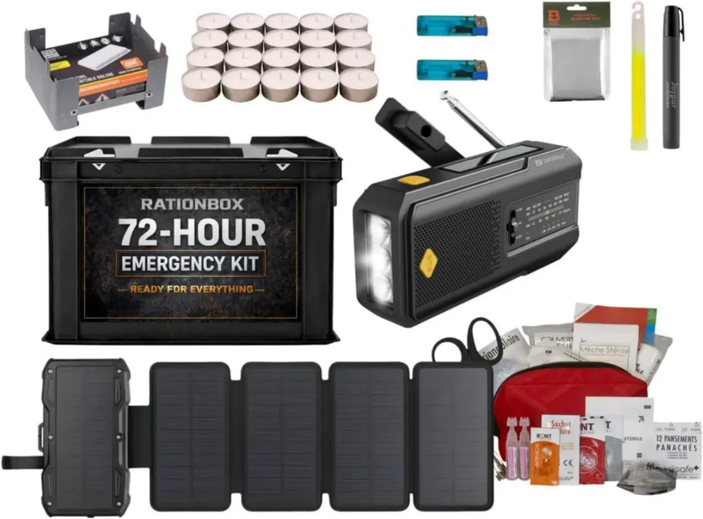 Ensemble d'Urgence 72H: Radio Solaire, Power Bank, Premiers Secours, Bougies et Équipements
