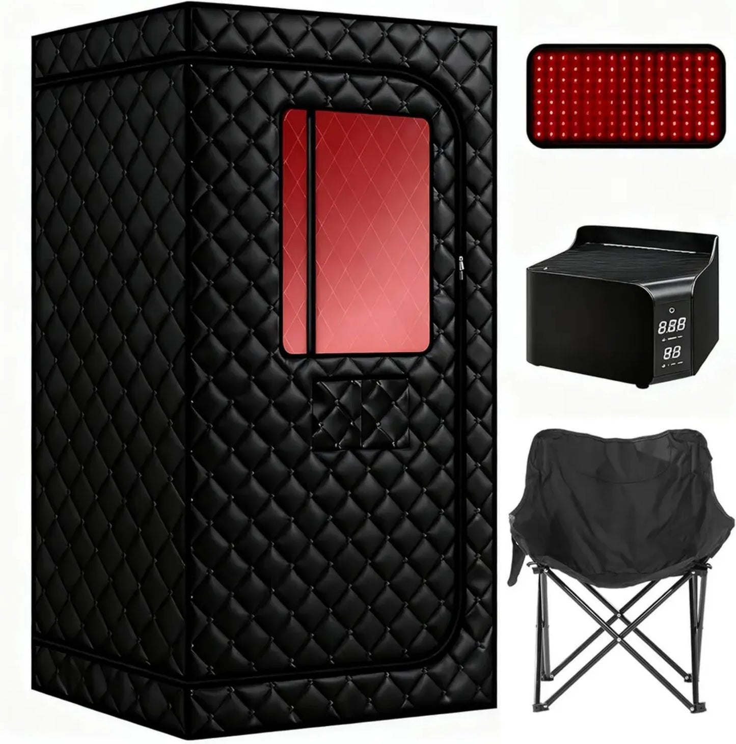 Sauna portable à air chaud avec infrarouge 660 nm, contrôle à distance, température réglable jusqu'à 85°C, fauteuil confort inclus