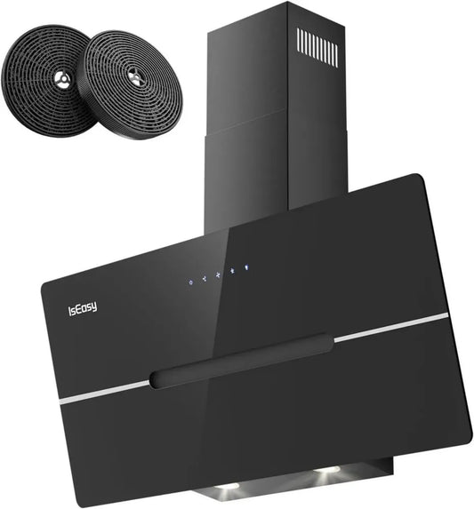 Hotte murale 90 cm IsEasy en verre noir, 578 m³/h, classe A++, 3 vitesses, éclairage LED, filtration avec recyclage ou évacuation