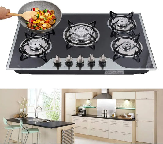 Table de cuisson à gaz encastrable 5 feux, acier inoxydable, verre trempé, 30,3 pouces, compatible LPG/NG, noir