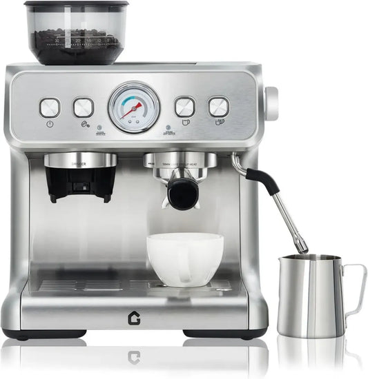 Cafetière Expresso Semi-Automatique avec Broyeur - 20 Bars, Réservoir 2,8 L, Mousseur à Lait, Acier Inox