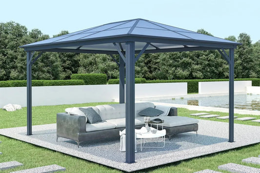 Pavillon de Jardin Aluminium Grace, 4x3m, Gris Anthracite, Toit en Polycarbonate, Résistant à l'eau