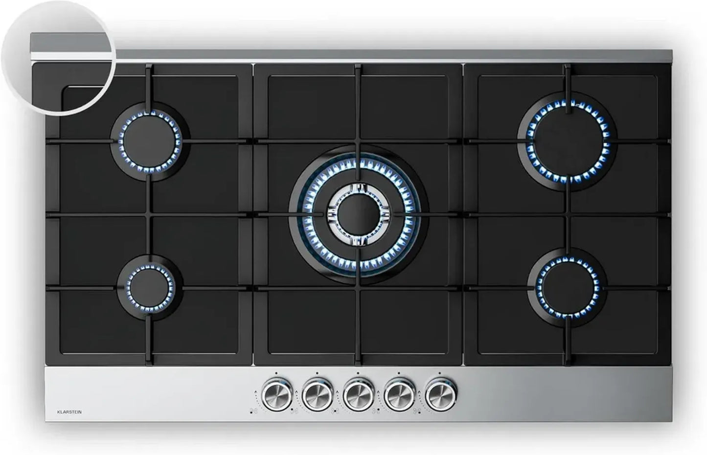 Plaque de Cuisson Gaz 5 Feux Klarstein - 10400W, Inox et Verre, Allumage Électrique, Sécurité Anti-Flammes, 90cm, Compatibilité GPL et Gaz Naturel