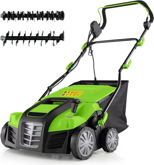 Scarificateur Électrique 2000 W avec Aérateur 2 en 1, Largeur 40 cm, Sac 55 L, 5 Réglages, Vert