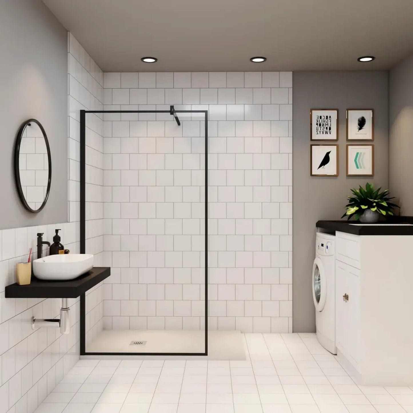 Paroi de douche italienne 80cm en verre trempé 8mm anti-calcaire, design noir, hauteur 200cm avec barre de support carrée 90cm